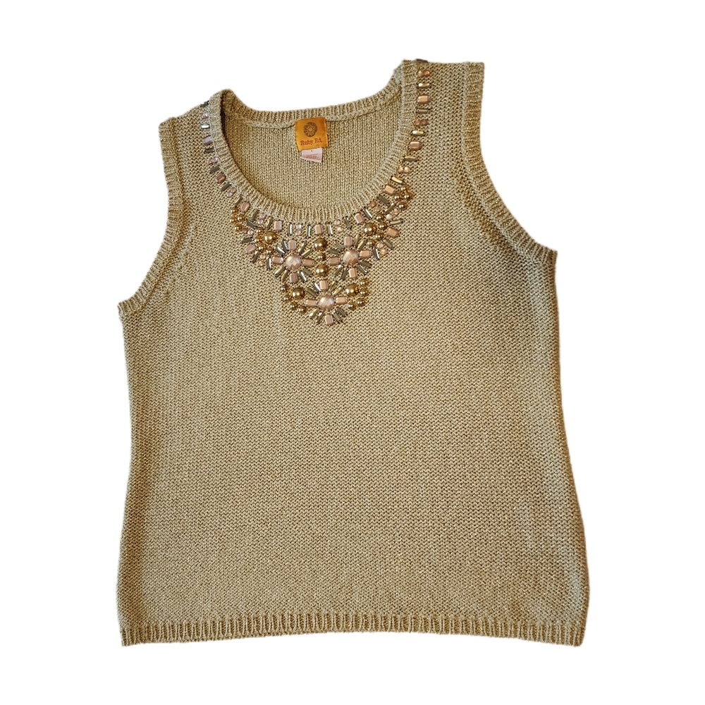 Sleeveless Sweater Metallic Gold Beaded L